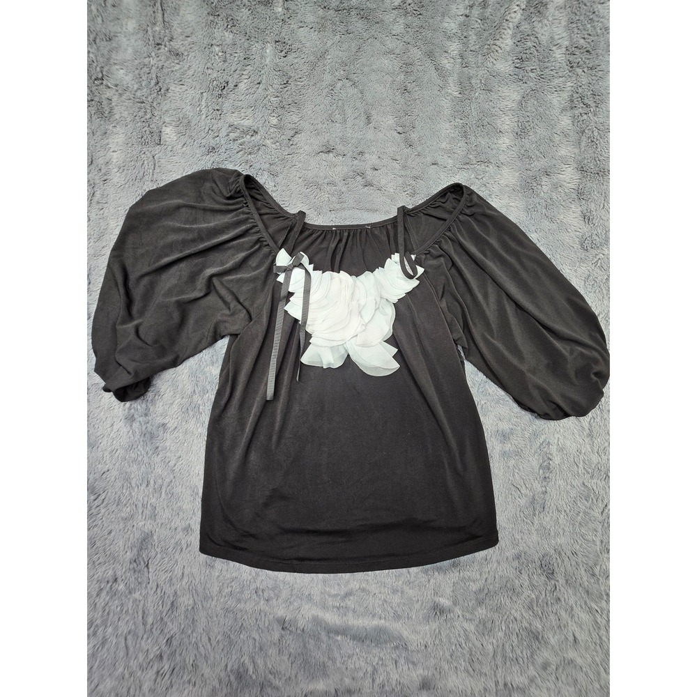 VAVA Black Off Shoulder Balloon Sleeve Blouse White Ruffle Flower